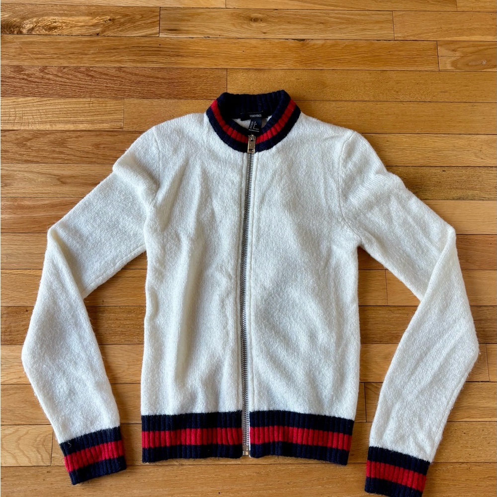 Forever 21 Cream Zip Up Sweater with Navy and Red Collar